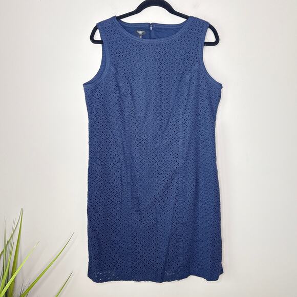 Talbots Woman 16W Navy Blue Sleeveless Eyelet Shift Midi Dress Summer Minimalist - Picture 1 of 7